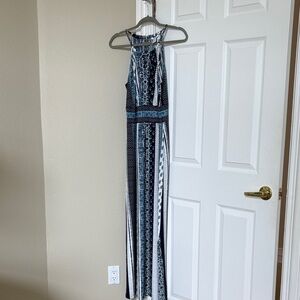 London Times Blue Black White Halter Maxi Dress